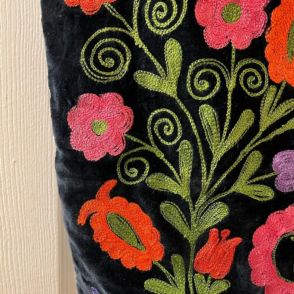 Vintage velvet Black Floral Embroidered Tote Bag - Colorful Flower Design